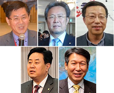 ▲ (사진 왼쪽 위부터 시계방향으로) 월드코리안 대상 수상자로 선정된 송창근 인도네시아코참 회장(2015 세계한상대회 대회장), 김광일 일본동경상공회의소 회장, 김근욱 아프리카 짐바브웨한인회 회장, 권유현 세계한인체육회총연합회 회장(전 중국 심양한국인회장), 차봉규 월드옥타 수석부회장.